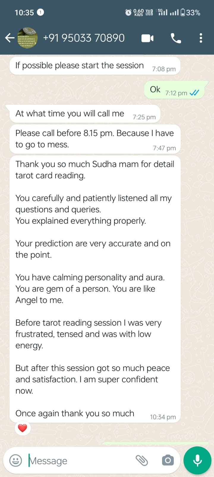 Client testimonial 13 — WhatsApp message to Mamta Pandey