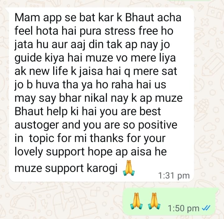 Client testimonial 14 — WhatsApp message to Mamta Pandey