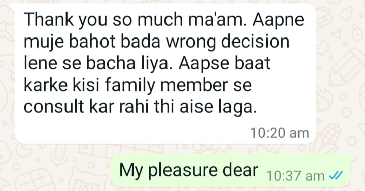 Client testimonial 2 — WhatsApp message to Mamta Pandey