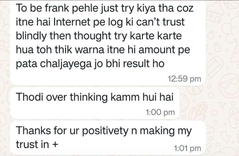 Client testimonial 20 — WhatsApp message to Mamta Pandey