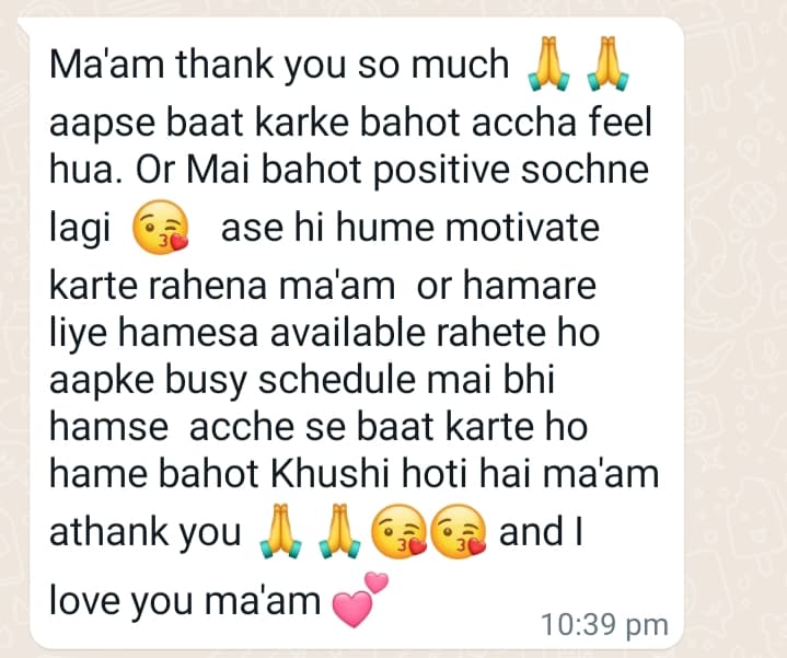 Client testimonial 3 — WhatsApp message to Mamta Pandey