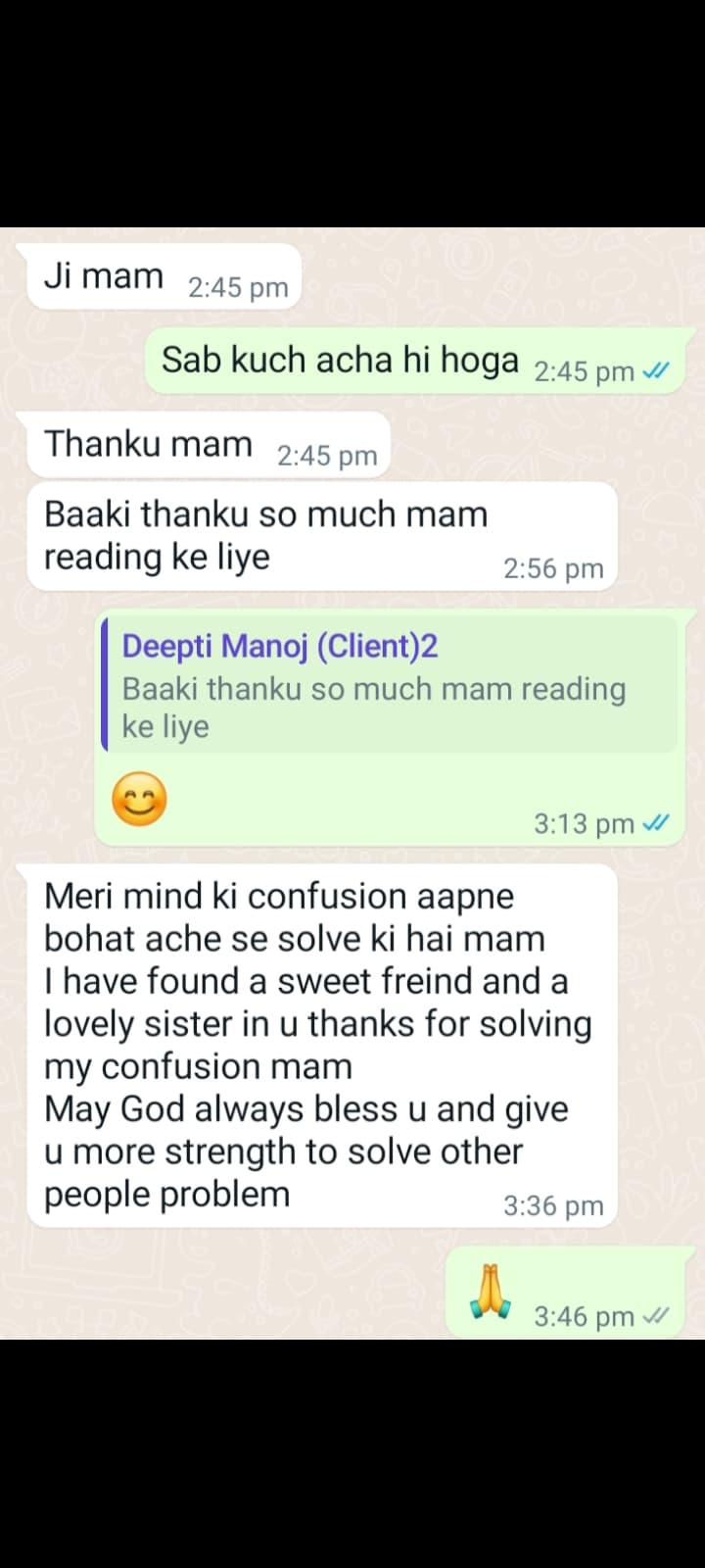 Client testimonial 9 — WhatsApp message to Mamta Pandey